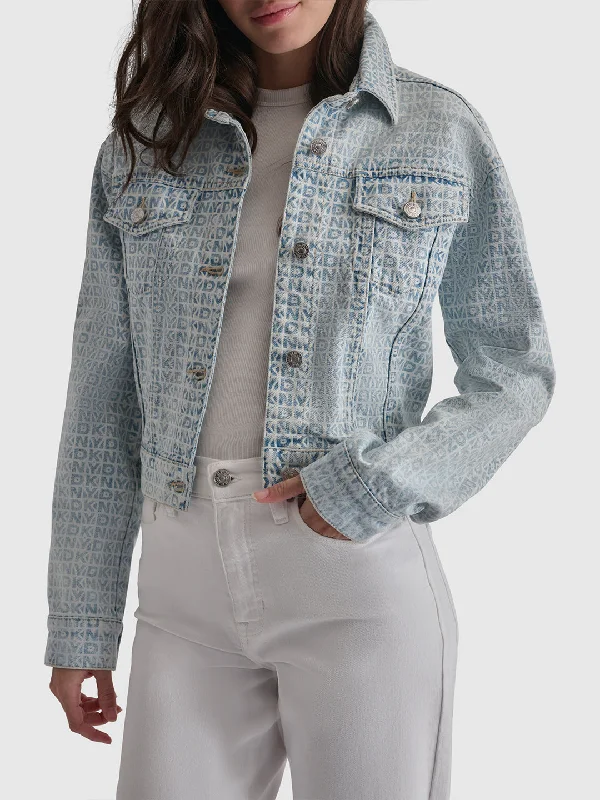 Dkny Women Blue Printed Spread Collar Full Sleeves Denim Jacket