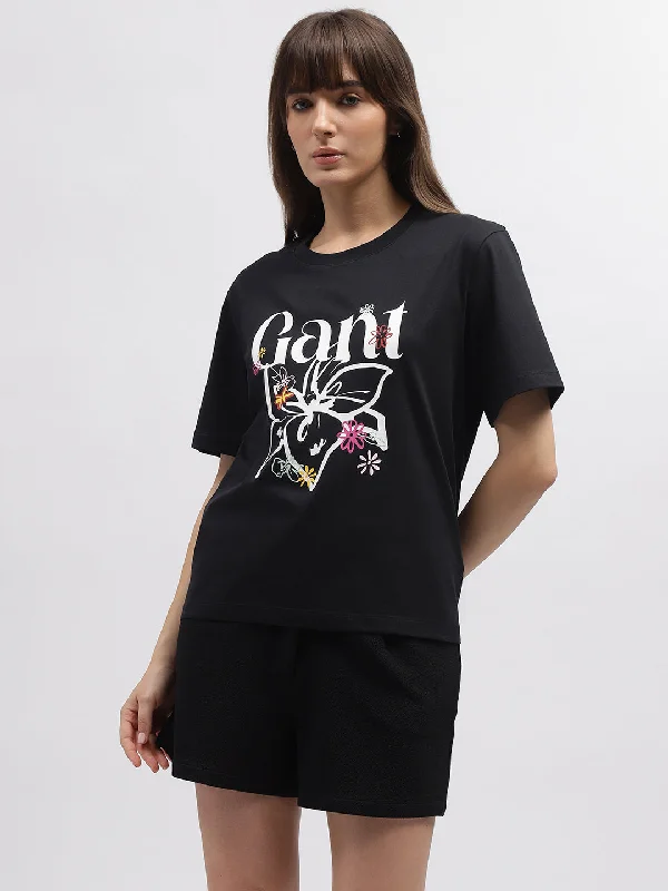 Gant Women Black Printed Round Neck Short Sleeves T-Shirt