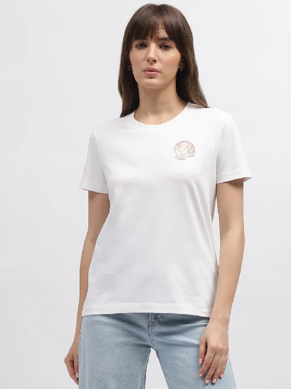 Gant Women White Solid Round Neck Short Sleeves T-Shirt