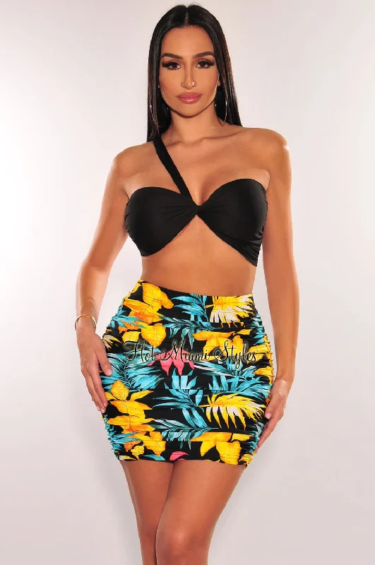 Black Floral Print High Waist Ruched Cover Up Skirt