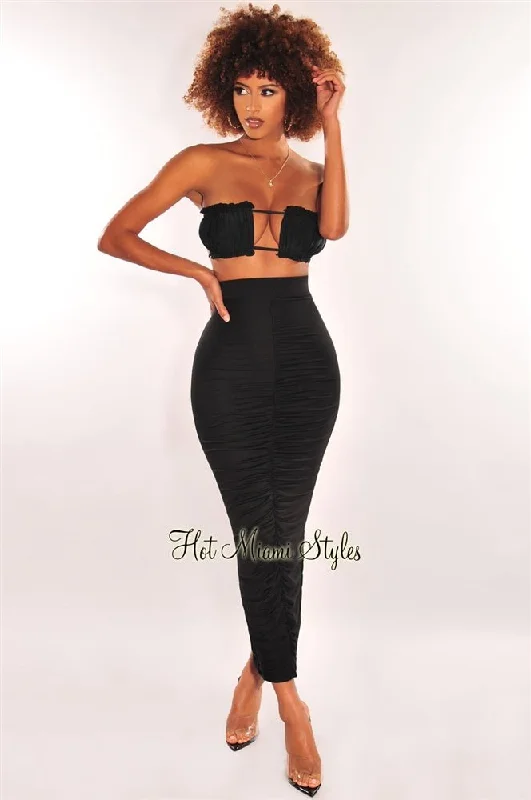 Black Ruched High Waist Maxi Skirt