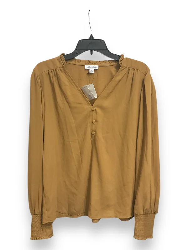 Blouse Long Sleeve By Calvin Klein In Tan, Size: L