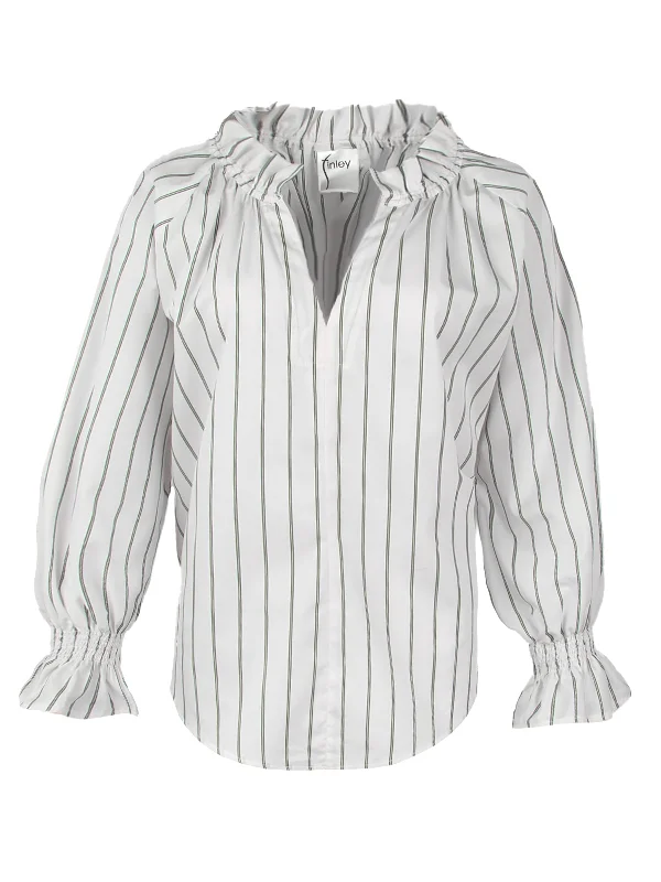 Candace Blouson Sleeve V-Neck Poplin Shirt, Olive Pinstripe