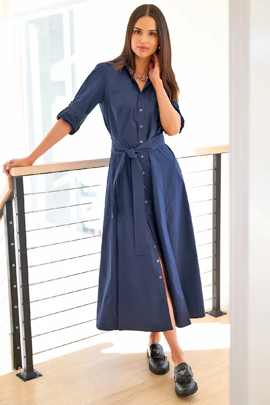 Laine Tie Front Long Dress Navy Blue Weathercloth