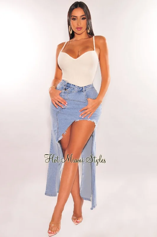 Light Denim High Waist Destroyed Slit Skirt