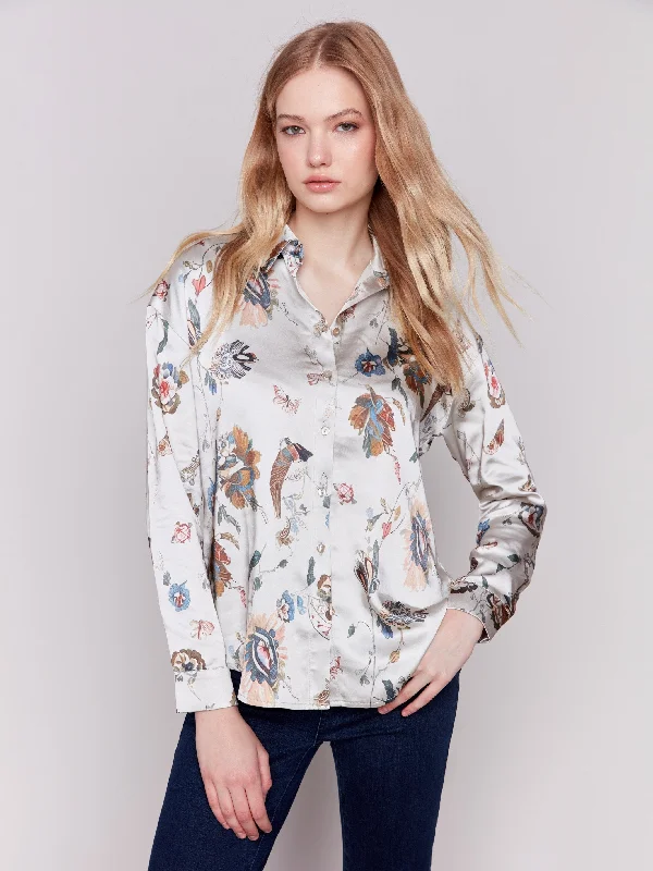 Printed Satin Button-Down Shirt - Cashmere