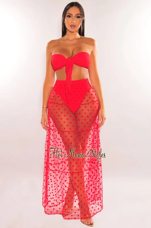 Red Polka Dot Sheer High Waist Maxi Skirt Cover Up