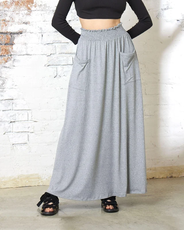 Smocked Waist Patched Pocket Maxi Skirt - H.Grey