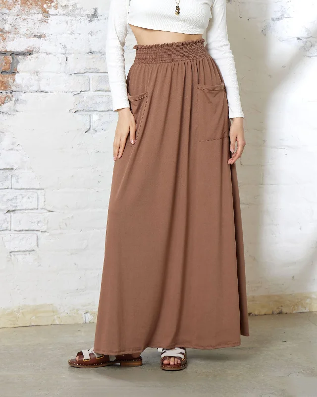 Smocked Waist Patched Pocket Maxi Skirt - Mocha