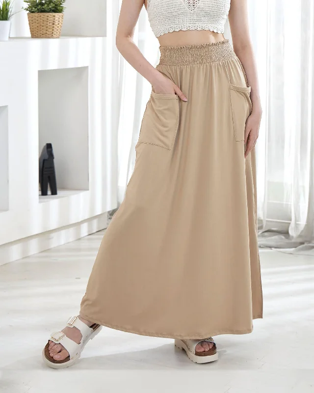 Smocked Waist Patched Pocket Maxi Skirt - Taupe