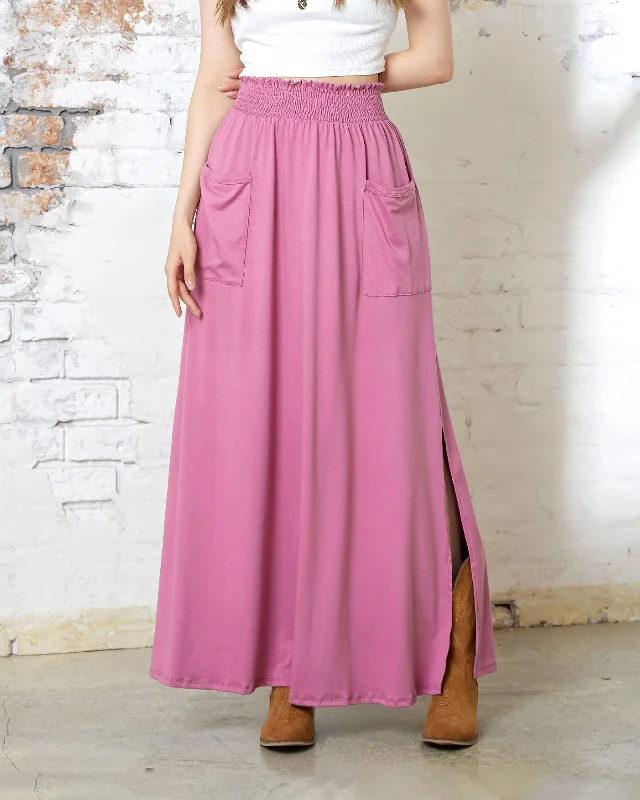 Smocked Waist Patched Pocket Maxi Skirt - Woodrose