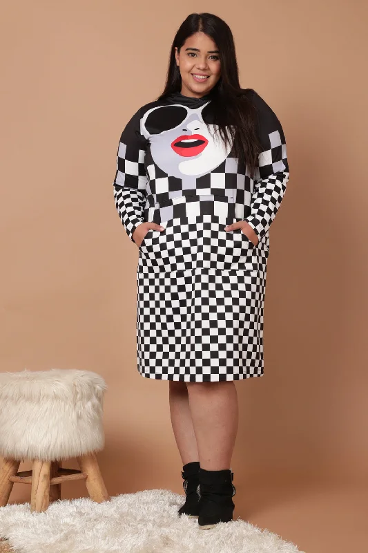 Plus Size Bold Face Plaid Printed Sweatshirt Hoodie Winter Dress