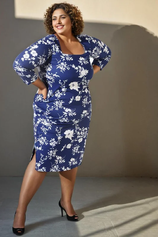 Plus Size Navy Floral Bodycon Dress