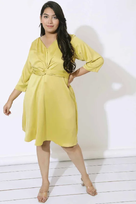 Plus Size Yellow Satin Knot Dress