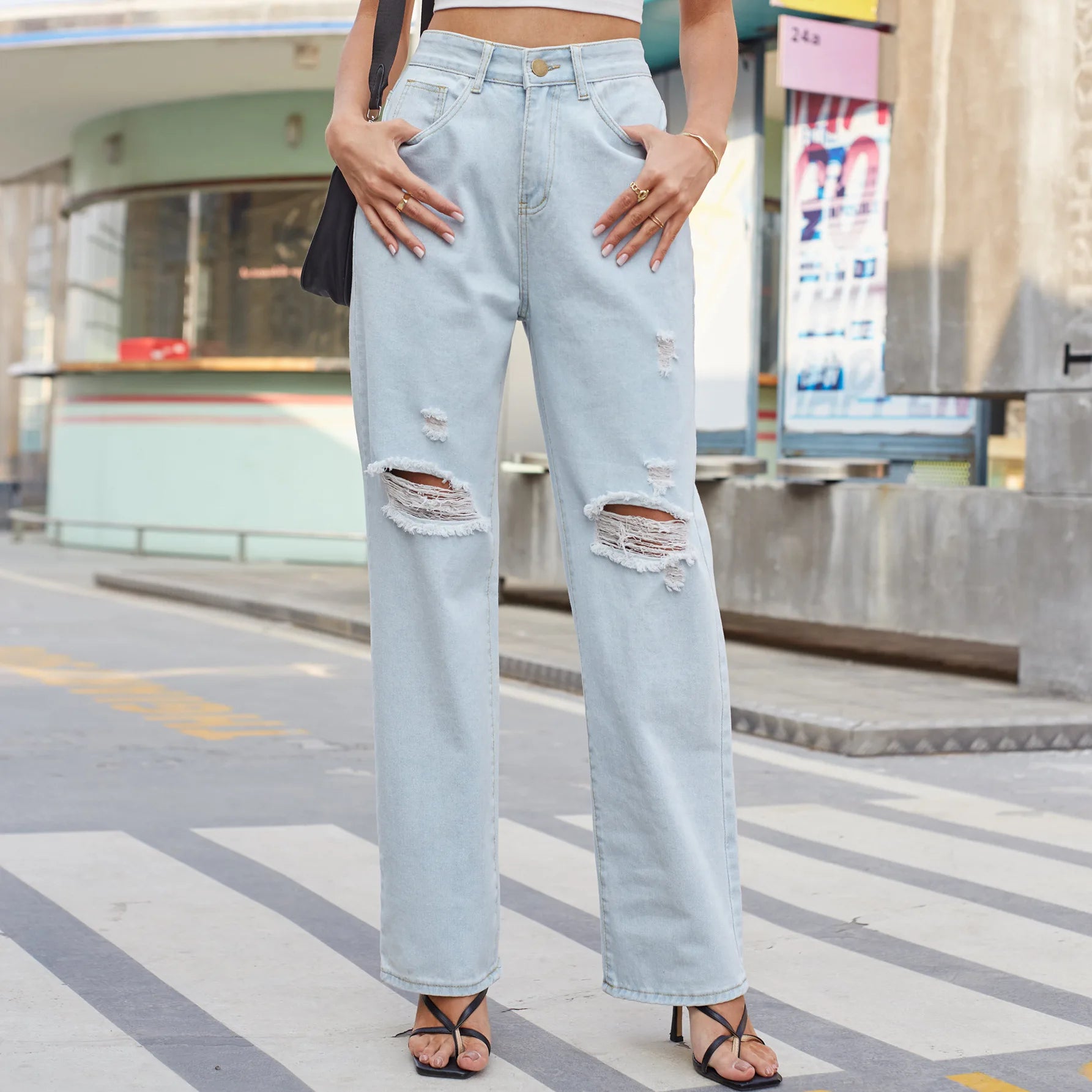 Amy Fashion - New Loose Retro Casual High Waist Ripped Wide Leg Street Fashionable Female Jean