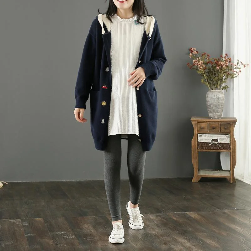 2021 Spring Navy Cat Embroidery Knit Outwear Plus Size Casual Sweater Cardigans