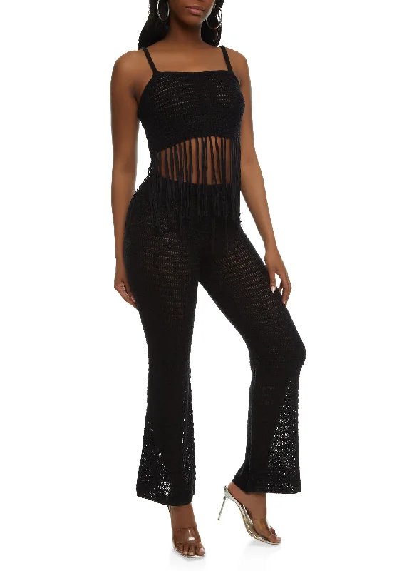 Fringe Crochet Crop Top and Flared Pants