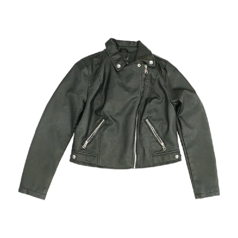 Black Solid Faux Leather Jacket