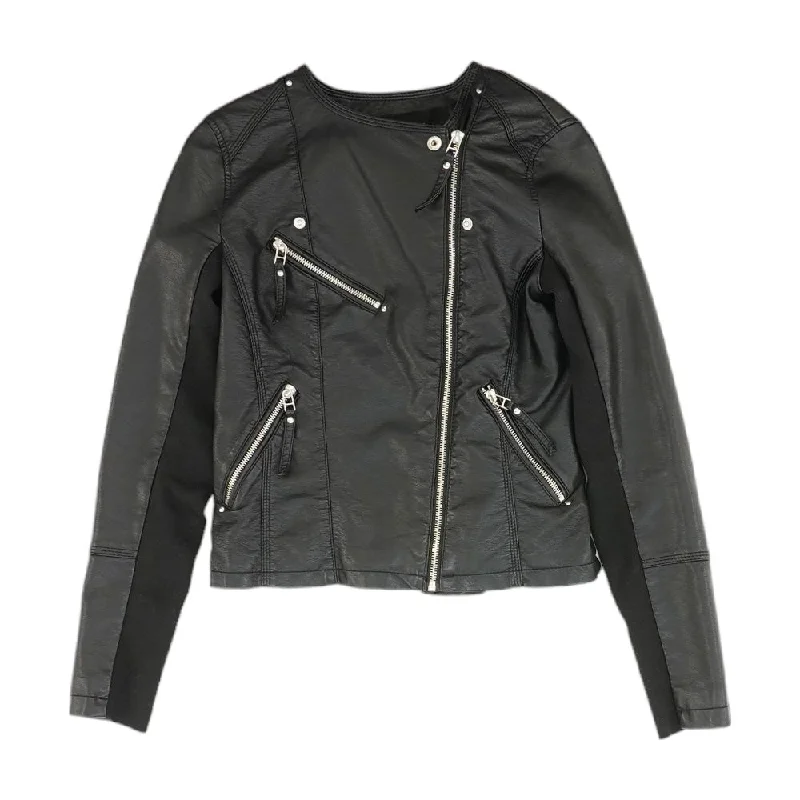 Black Solid Faux Leather Jacket