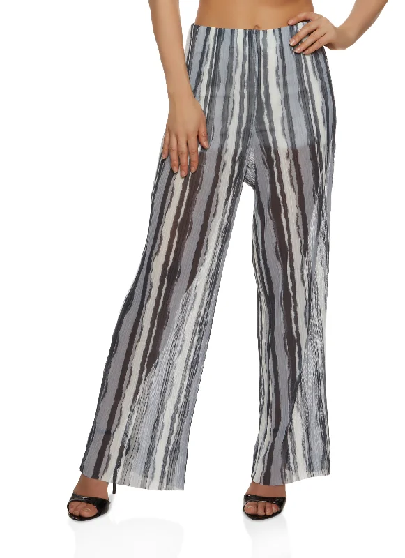 Mesh Plisse Printed Wide Leg Pants