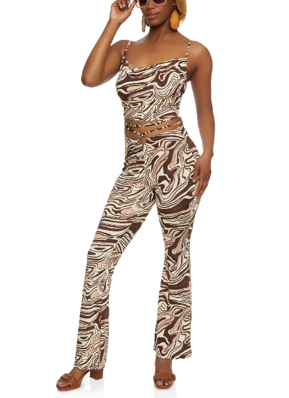 Haute Monde Swirl Print Crop Top and O Ring Pants Set