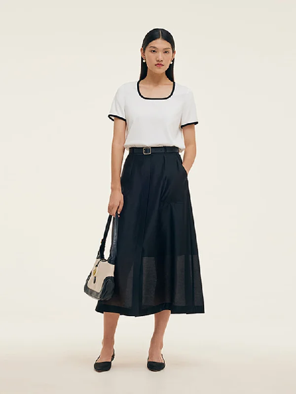 Contrast Trim Knit Top And Skirt Two-Piece Set With Belt