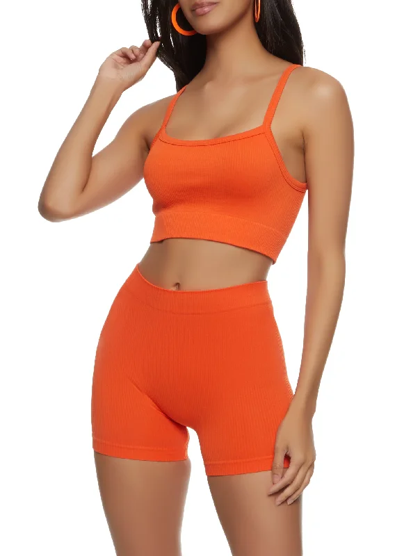 Ribbed Knit Cropped Cami with Biker Shorts Set