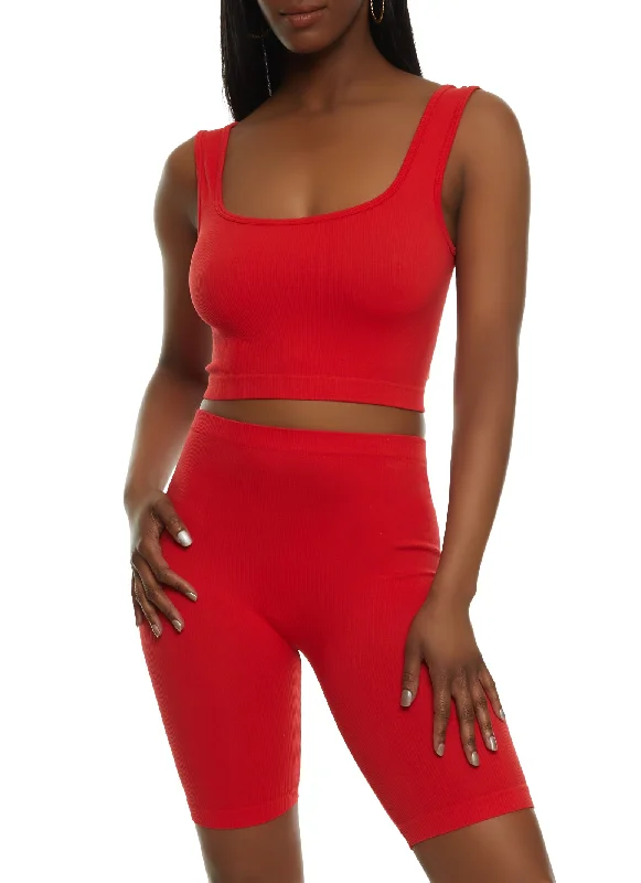 Seamless Square Neck Cropped Tank Top and Biker Shorts