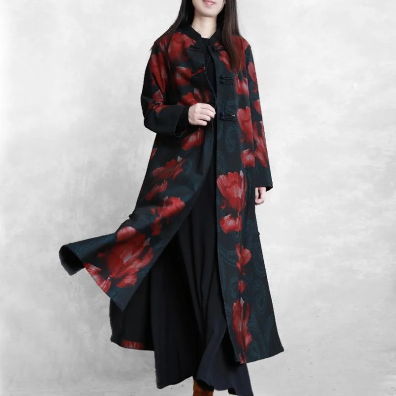 Simple red print Plus Size casual coats women design stand collar Chinese Button fall outwears