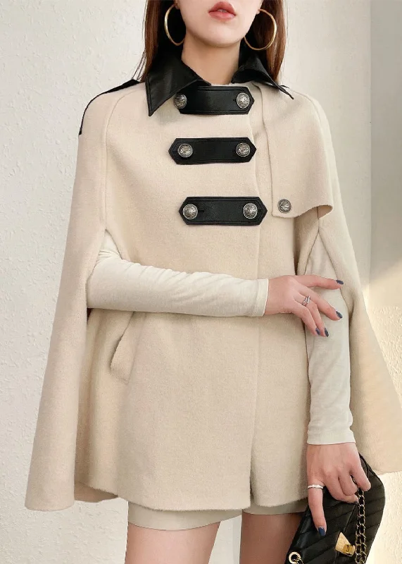 Style Beige Peter Pan Collar Faux Leather Patchwork Woolen Coats Cloak Sleeves