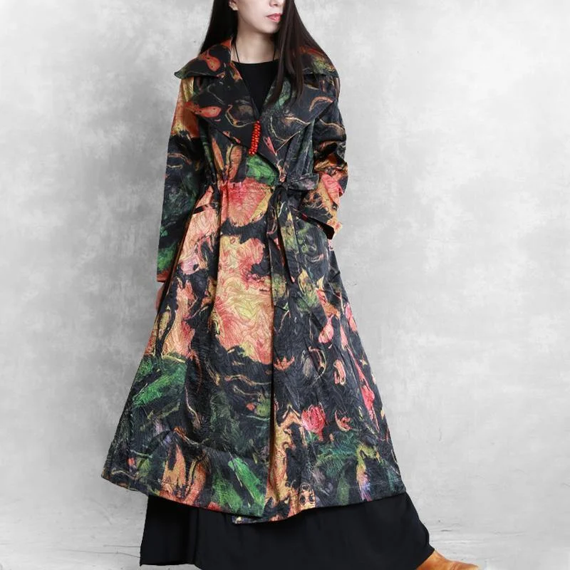 Style tie waist Fashion Coats Women black prints Knee outwear fall