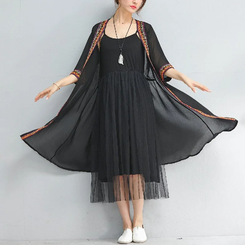 summer fashion black chiffon coat plus size embroidery sundress half sleeve cardigan