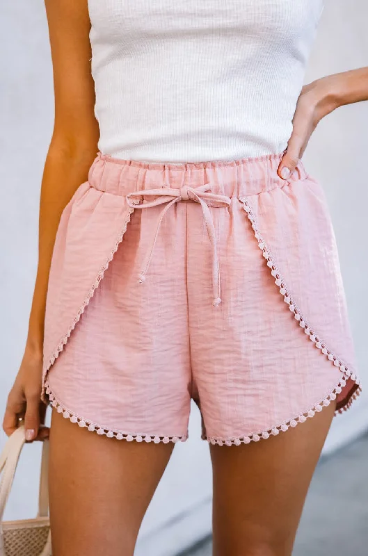 Tulip Hem Tie Waist Pom Trim Textured Shorts