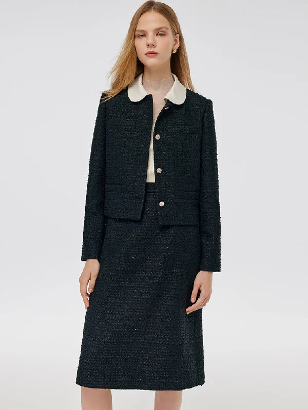 Pre-Order Tweed Crop Jacket And A-Line Skirt Two-Piece Set With Detachable Contrast Collar