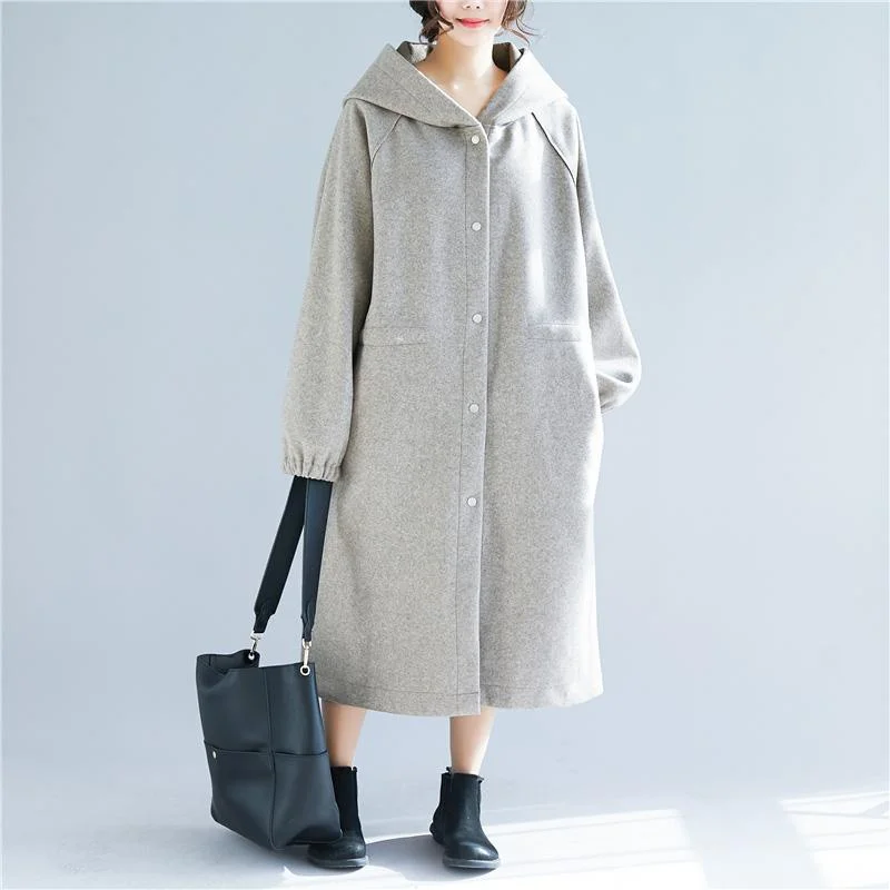 vintage light gray Wool jackets casual long hooded coats