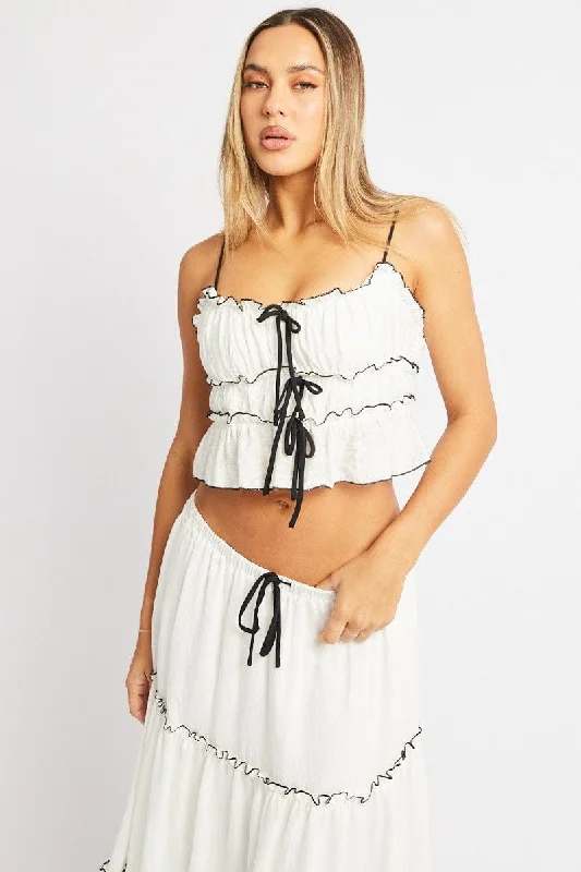 White Tiered Cami Top Sleeveless Front Ribbon