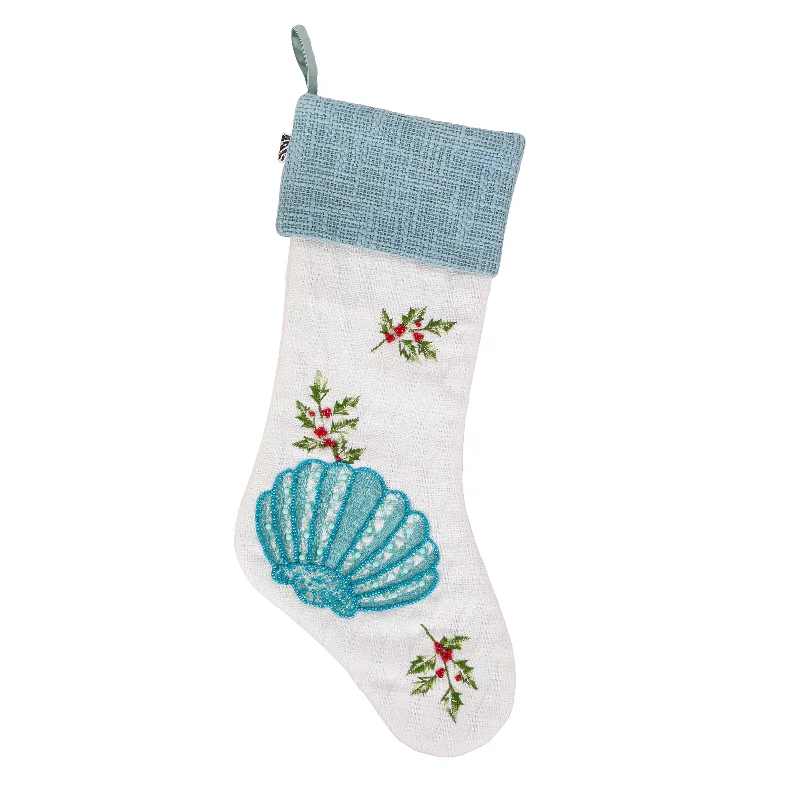 20 in. HGTV Home Collection Embroidered Blue Shell Stocking